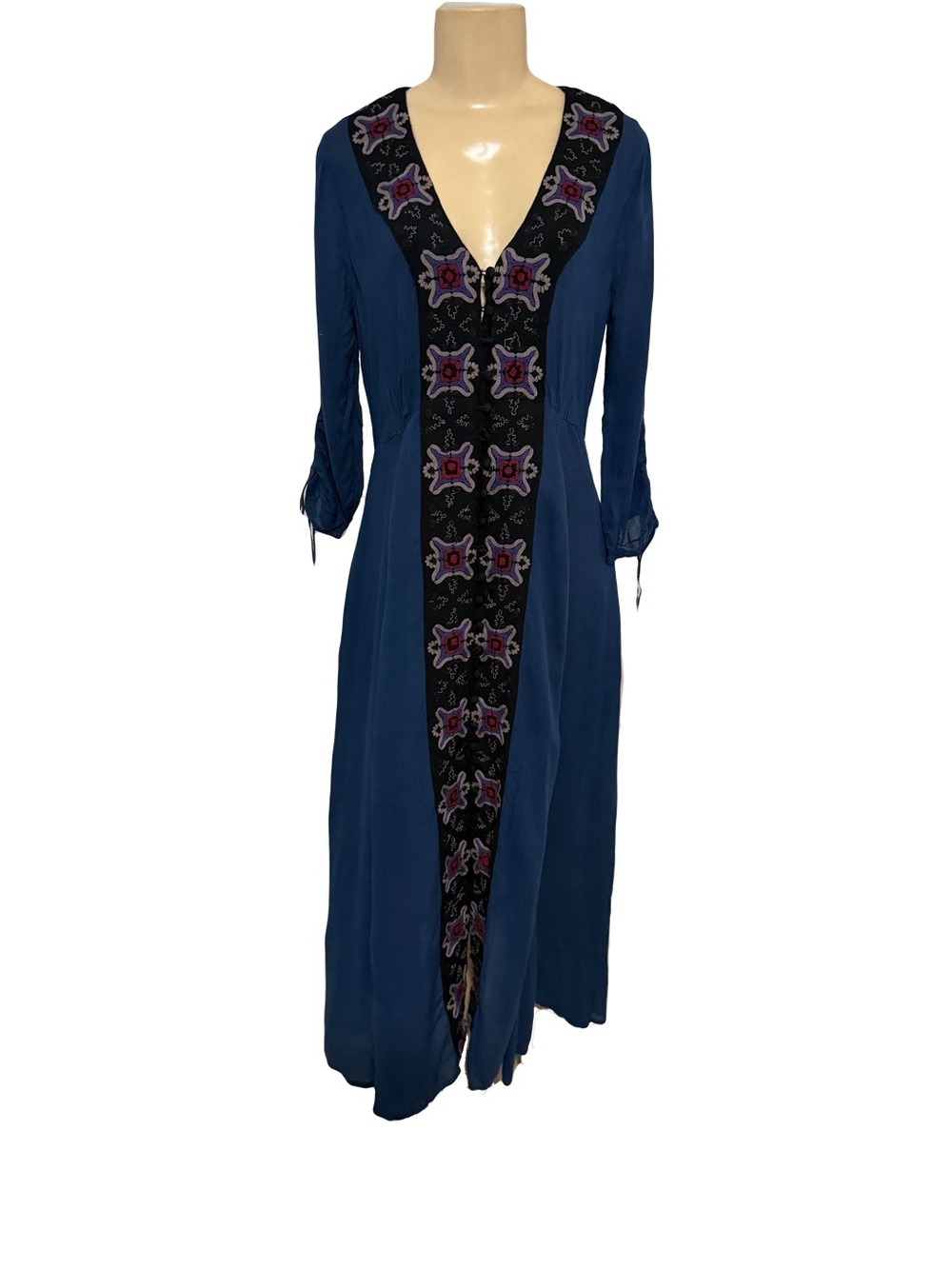 Free People Journey To Horizon maxi embroidered  v neck dark blue dress modest 6 - Picture 5 of 13